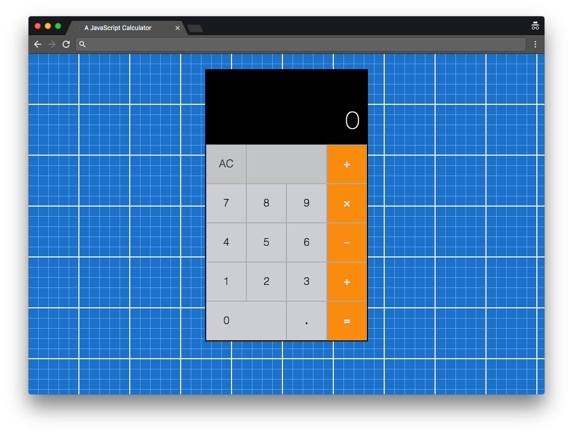 A JavaScript calculator with a numeric keypad and a display showing a running calculation