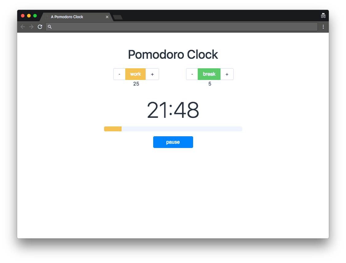 A Pomodoro timer showing a countdown with a circular progress bar and controls for work and break length