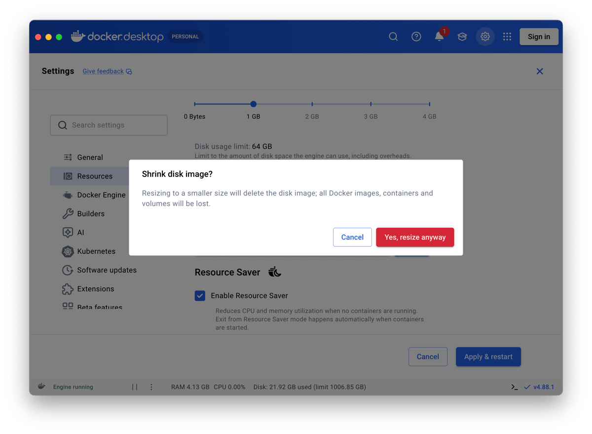 Docker Desktop dialog: Shrink disk image? Resizing to a smaller size will delete the disk image; all Docker images, containers and volumes will be lost.